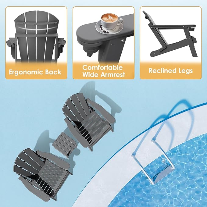 IVY&LANE Folding-Adirondack-Chairs-Set-of-4 | HDPE Plastic | Outdoor Fire Pit Chair with Cup Holder | Grey | Poly | Weather Resistant | for Patio Deck Poolside Garden Beach