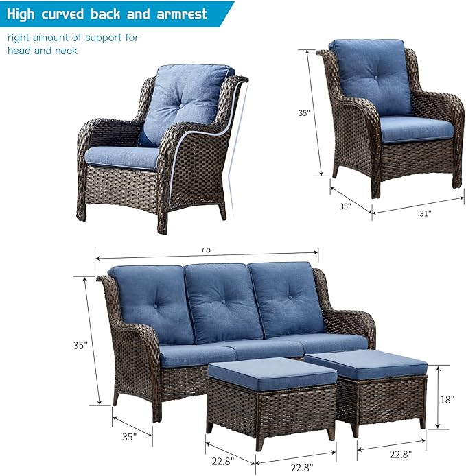 HUMMUH Outdoor Furniture 5 Pieces Patio Furniture Set Wicker Outdoor Sectional Sofa with 2 Patio Chairs,Ottomans