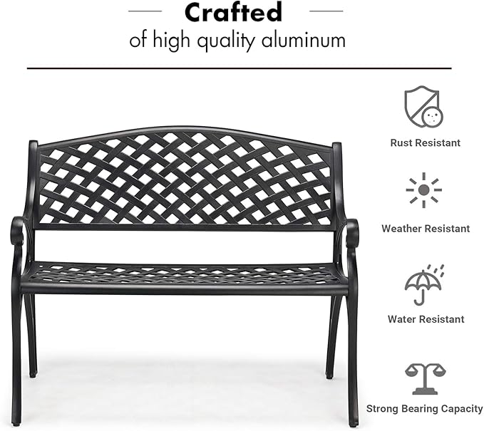 Laurel Canyon 41" Outdoor Patio Bench, Cast Aluminum Construction Furniture Chair, 2-Person Seating for Porch Backyard Garden Pool Deck, Black