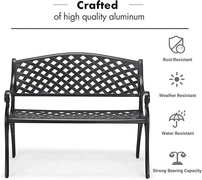 Laurel Canyon 41" Outdoor Patio Bench, Cast Aluminum Construction Furniture Chair, 2-Person Seating for Porch Backyard Garden Pool Deck, Black