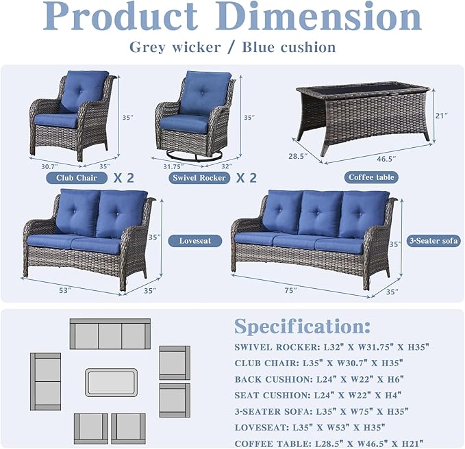 Belord Outdoor Furniture Wicker Conversation Sets - 7 Piece Patio Rattan Furniture Sets with Swivel Rocker Chairs Outdoor Sofa for Porch Deck Backyard Mixed Grey/Blue