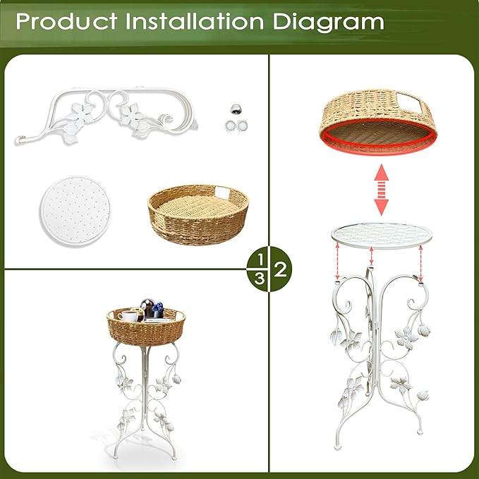 Outdoor Metal Patio Folding Side Table with Removable Wicker Tray, Boho Woven Rattan Plant Stand, Small Round Coffee end Table (Seagrass, White)