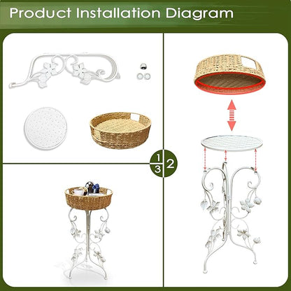 Outdoor Metal Patio Folding Side Table with Removable Wicker Tray, Boho Woven Rattan Plant Stand, Small Round Coffee end Table (Seagrass, White)