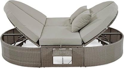 Rattan Patio 2-Person Daybed,Outdoor Sun Bed with Cushions and Pillows,Reclining Chaise Lounge with Adjustable Backrests and Foldable Cup Trays,For Lawn Poolside Deck Backyard (Gray@Cup Trays)