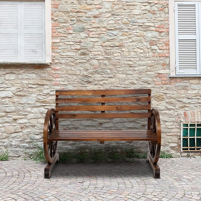 Rustic Wagon Wheel Outdoor Bench 41" Wooden Patio Bench for 2 Persons Solid Fir Wood Slatted Seat with Backrest Brown Finish Garden Furniture Perfect for Porch Deck or Lawn