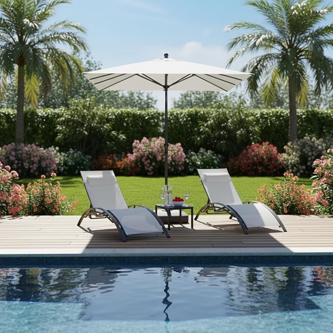 PURPLE LEAF Patio Chaise Lounge with 10' x 6.5' Tilt Umbrella Outdoor Lounge Chair Beach Pool Sunbathing Lawn Lounger, Base and Side Table Included, White