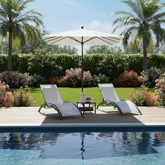 PURPLE LEAF Patio Chaise Lounge with 10' x 6.5' Tilt Umbrella Outdoor Lounge Chair Beach Pool Sunbathing Lawn Lounger, Base and Side Table Included, White