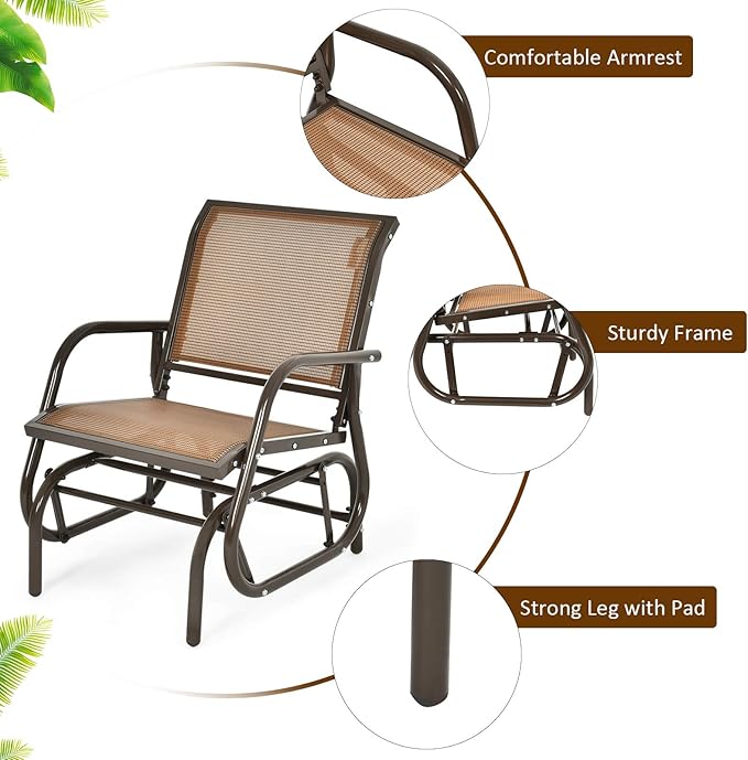 Giantex Swing Glider Chair W/Study Metal Frame Comfortable Patio Chair Love-Seat for Garden, Porch, Backyard, Poolside - Photo 6