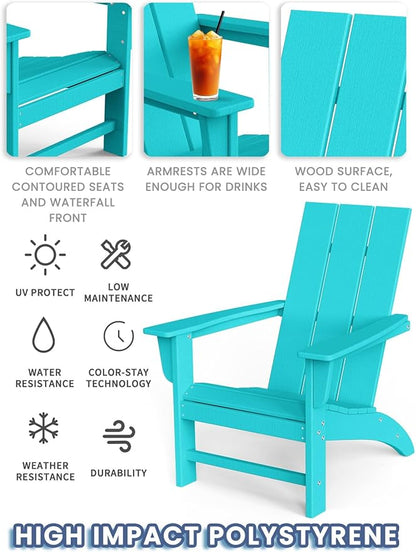 Modern Adirondack Chairs Set of 2, HDPE Plastic Patio Chairs for All Weather, Fire Pit Chair, Outdoor Lawn Chairs for Deck, Porch, Backyard, Garden, Aruba Blue
