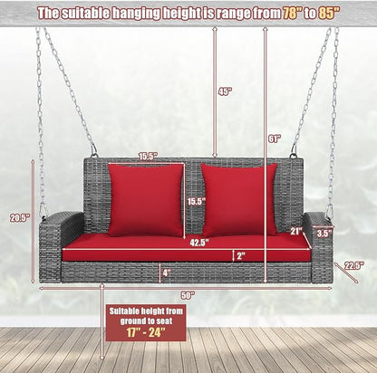 RELAX4LIFE 2-Person Porch Swing Bench - PE Rattan Outdoor Swing Chair with Comfortable Seat & Back Cushions, Rustproof Metal Chains, Patio Loveseat Swing for Balcony, Garden, Yard, 800 LBS (Red)