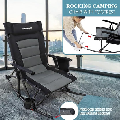 Oversized Folding Low Rocking Camping Chair with Footrest Removable Pillow Portable Outdoor Rocker Padded High Back Ergonomic Armrests for Patio Garden Lawn