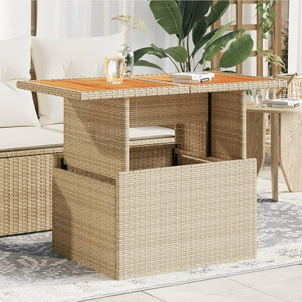 Height-Adjustable Garden Table with Solid Acacia Wood Top and Powder-Coated Steel Frame, Beige PE Rattan - Photo 1