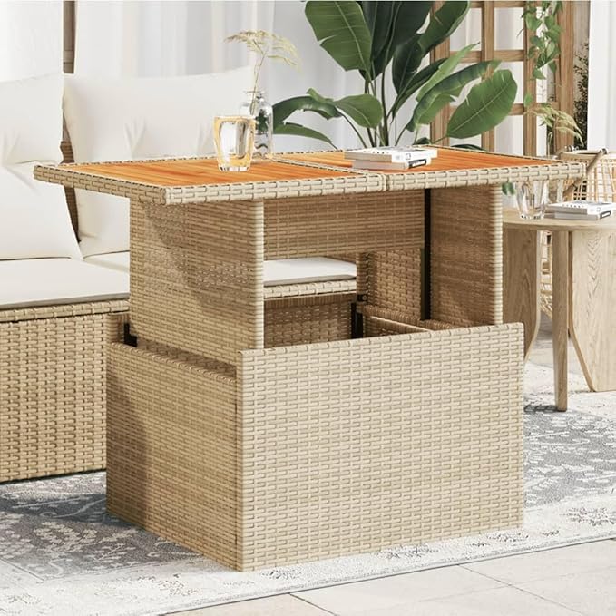 Height-Adjustable Garden Coffee Table 39.4"x21.7" Beige PE Rattan Folding Side Table for Patio Balcony Dining Room - Photo 1