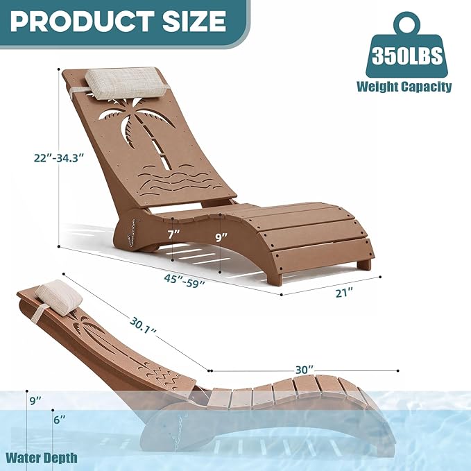in Pool Lounge Chairs Set of 4, HDPE Pool Chaise Loungers for Sun Shelf up to 9 Inches, Fade-Resistant, 3-Position Adjustable Backrest with Headrest, Ergonomic Poolside Lounger, Teak