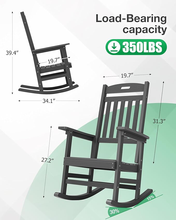 YEFU Outdoor Rocking Chairs Set of 2: Plastic Rocking Chairs for Outside, Weather Resistant for Patio, Easy to Assemble, Safe&Comfortable, Grey