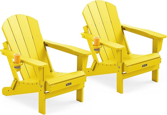 SERWALL Foldable Adirondack Chair Set of 2, Weather Resistant Patio Chair with Cup Holder for Garden Outdoors Fire Pit-Lemon