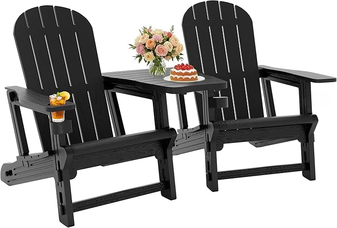 JY QAQA Outdoor Adirondack Chair Set of 2, All-Weather HDPE Patio Furniture with Detachable Table, Wood Texture & Cup Holder for Patio, Poolside, Garden, Black