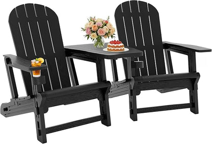 JY QAQA Outdoor Adirondack Chair Set of 2, All-Weather HDPE Patio Furniture with Detachable Table, Wood Texture & Cup Holder for Patio, Poolside, Garden, Black