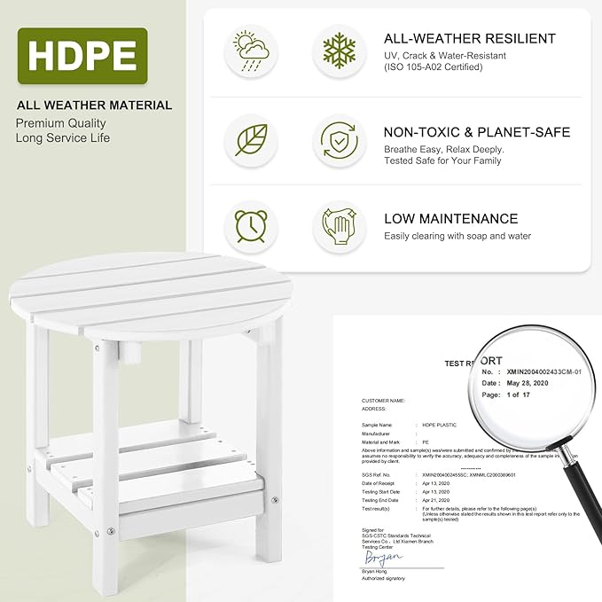Adirondack Outdoor Side Tables, 2-Tier Round Outdoor Table, Weather Resistant HDPE Patio End Table for Garden, Lawn, Pool, Beach, Porch, Deck, Backyard - White