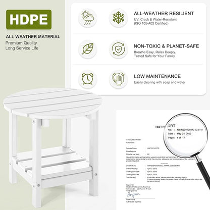 Adirondack Outdoor Side Tables, 2-Tier Round Outdoor Table, Weather Resistant HDPE Patio End Table for Garden, Lawn, Pool, Beach, Porch, Deck, Backyard - White