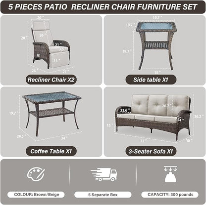 Belord 5 Piece Patio Furniture Set with Recliner Chair - Removable Outdoor Patio Couch Set, Chaise Lounge Chair Outdoor with Adjustable Backrest and Footrest for Casual Gathering Brown/Beige