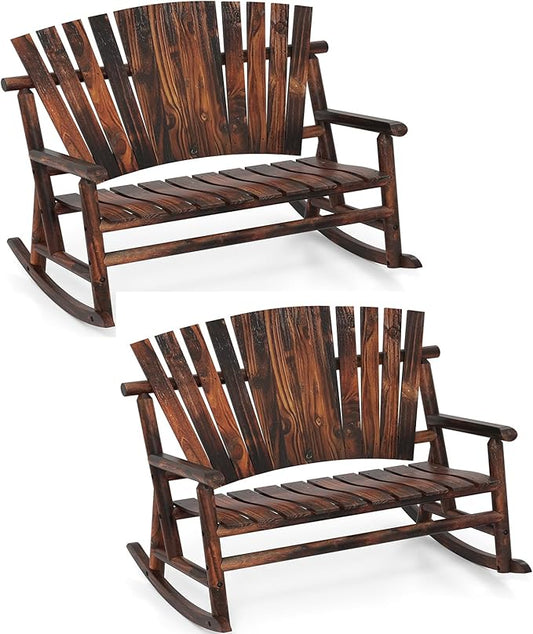 Giantex 2 Pcs Outdoor Wooden Rocking Bench, 2-Person Adirondack Porch Rocker Chair with High Back and Slatted Seat, Rustic Log Loveseat for Front Porch Patio, Backyard, Garden, Brown, 51”x38”x46”