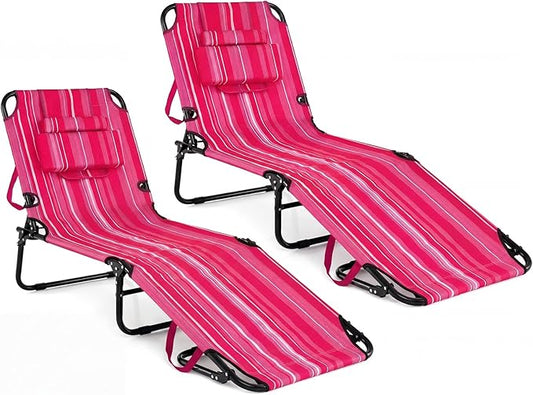 Tangkula Beach Lounge Chair, Folding Sunbathing Recliner with Face Hole, Face Down Tanning Chair with 4-Level Adjustable Backrest & 3 Removable Pillows, Chaise Lounge Chair for Patio (2, Pink Stripe)