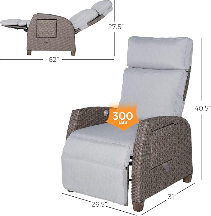 Grand patio Indoor & Outdoor Recliner Chair PE Wicker Patio Recliner with Flip Table Reclining Lounge Chair, Mist Grey - Photo 2