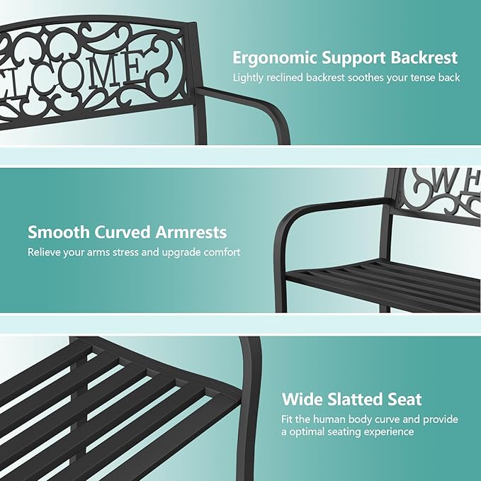 50 Inches Outdoor Garden Bench, Outside Bench with Anti-Rust Steel Metal Frame ＆ Non-Slip Legs, Patio Bench with Floral Pattern Backrest (Welcome)