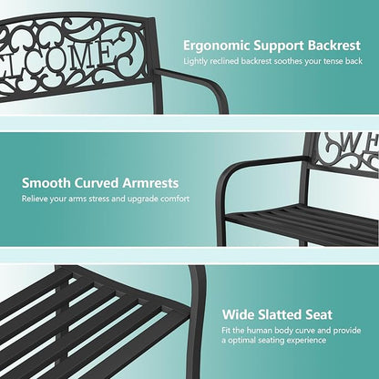 50 Inches Outdoor Garden Bench, Outside Bench with Anti-Rust Steel Metal Frame ＆ Non-Slip Legs, Patio Bench with Floral Pattern Backrest (Welcome)