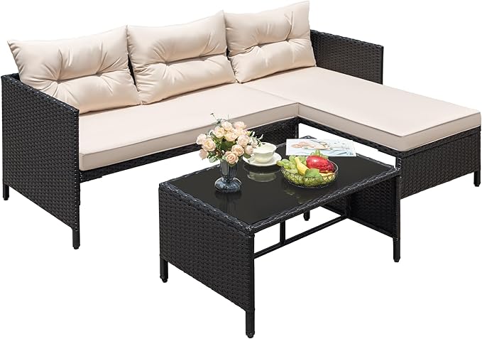Greesum 3 Piece Patio Furniture Set Outdoor Wicker Rattan Sectional Sofa with Cushions & Coffee Table for Yard, Garden - Photo 2
