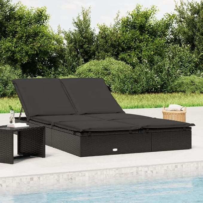 Double Black PE Rattan Sunbed 79x43in Outdoor Chaise Lounge with Adjustable Backrest for Patio Poolside Garden Camping - Photo 1