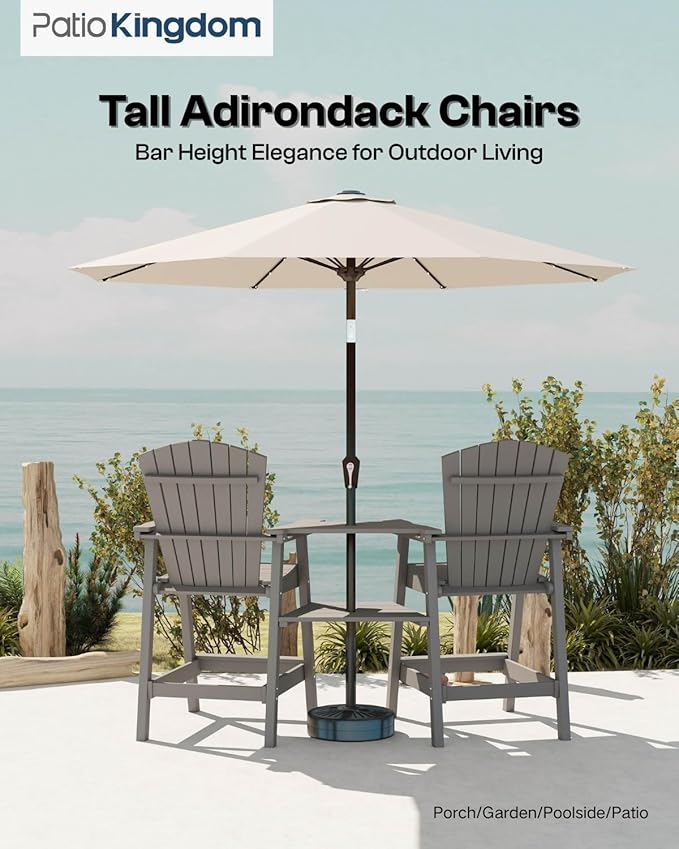 Grey HDPE Tall Adirondack Chair Set of 2 with Beige 9FT Patio Umbrella, All-Weather Outdoor Bar Height Chairs with Trays & Umbrella Hole for Garden, Balcony, Lawn
