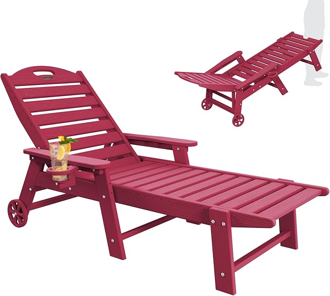 Chaise Lounge Chair Outdoor with Wheels, Adjustable 5-Position Chaise Lounge Outdoor with Wood Texture, Patio Lounge Chair for Poolside Backyard, Red