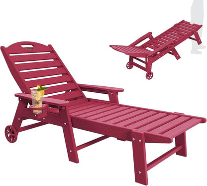 Chaise Lounge Chair Outdoor with Wheels, Adjustable 5-Position Chaise Lounge Outdoor with Wood Texture, Patio Lounge Chair for Poolside Backyard, Red