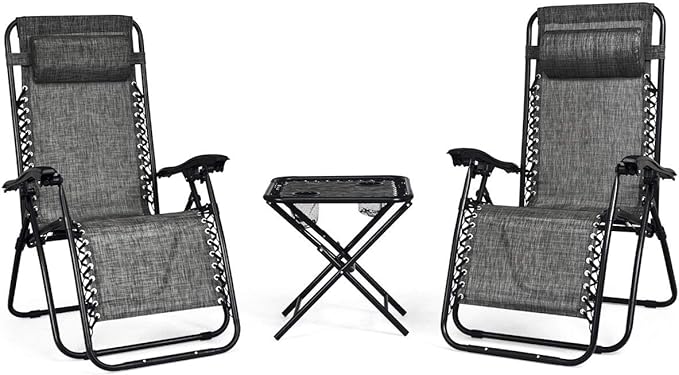 Giantex 3 PCS Zero Gravity Chair Patio Chaise Lounge Chairs Outdoor Yard Pool Recliner Folding Lounge Table Chair Set (Gray)