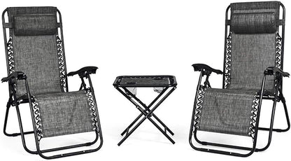 Giantex 3 PCS Zero Gravity Chair Patio Chaise Lounge Chairs Outdoor Yard Pool Recliner Folding Lounge Table Chair Set (Gray)