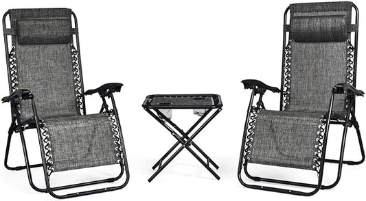 Giantex 3 PCS Zero Gravity Chair Patio Chaise Lounge Chairs Outdoor Yard Pool Recliner Folding Lounge Table Chair Set (Gray)