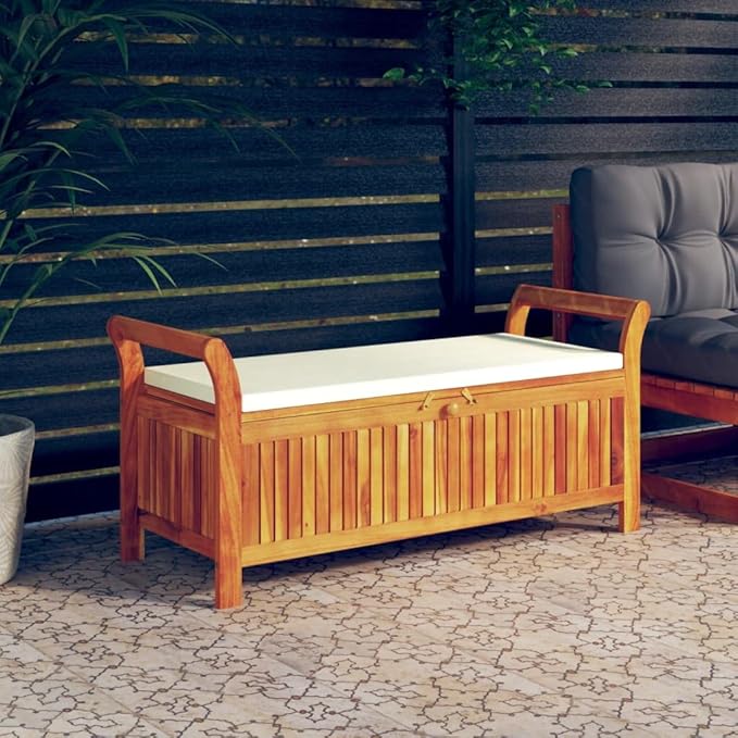Cream White Outdoor Storage Bench Solid Acacia Wood Garden Patio Furniture with Cushion for 2 People 49.6 Inch Long