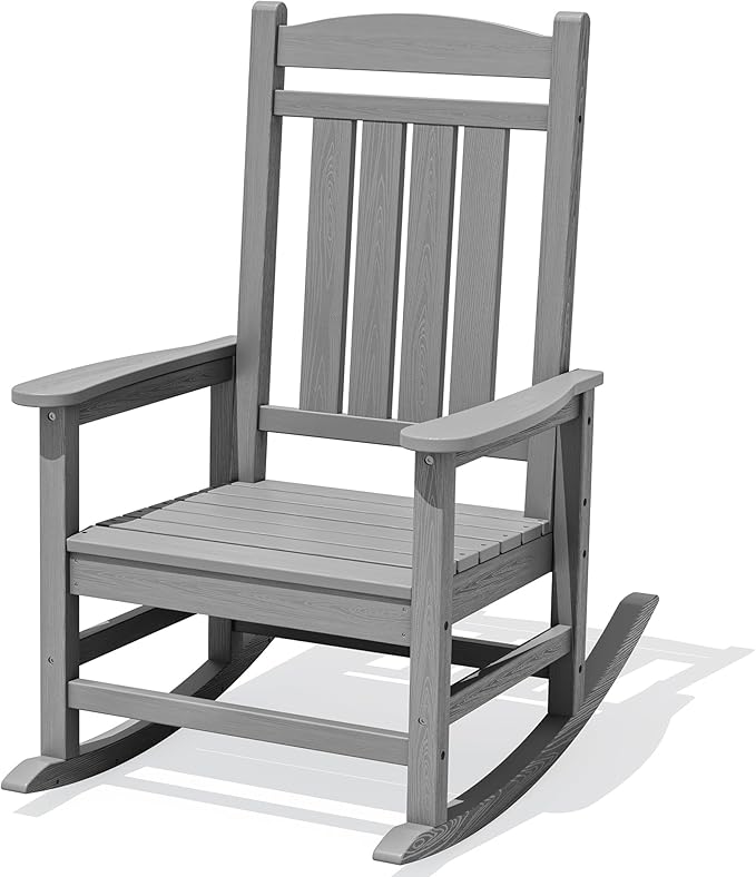 KINGYES HDPE Outdoor Rocking Chair, All-Weather Patio Rocking Chair, Weather Resistant Porch Rocker for Adults, Light Gray