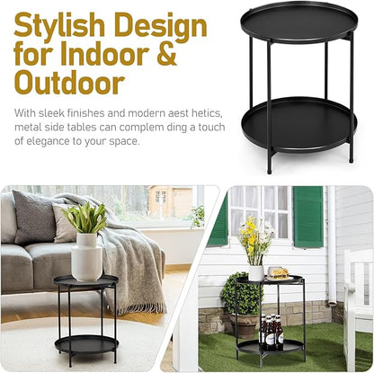 Outvita 2 Tier End Table, Metal Side Table with Removable Tray Indoor and Outdoor,Small Waterproof Accent Table for Bedroom Balcony Patio Living Room and Office (Black)