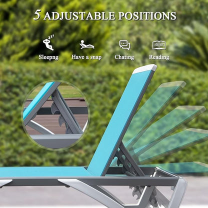 Domi Pool Lounge Chair Aluminum Adjustable Outdoor Chaise Lounge,All Weather Plastic Poolside Lounge Chair with Table for Deck Lawn Backyard, Aqua Textilene