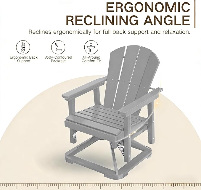 Kingdura Adirondack Swivel Glider Chair, HDPE Patio Glider Rocking Chair for Outdoor, All-Weather Glider Chair for Porch Balcony Lawn Poolside, 450LBS Capacity (Grey)