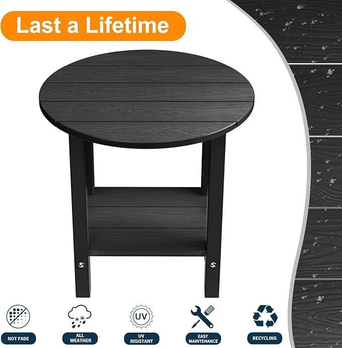 MXIMU Round Outdoor Side Table Adirondack Tables 18 Inch Chairside End Tables with Storage Shelf, 2-Tier Plastic Patio Side Table, Weather Resistant for Balcony Backyard Lawn (Black, 2 Pack)