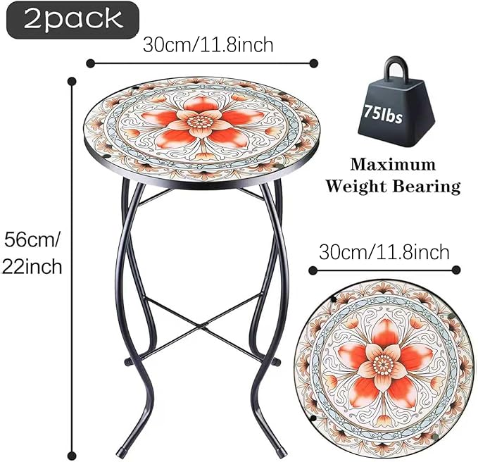 2PCS 12 Inch Small Outdoor Side Table with Pink Flower, Glass Mosaic Patio Table Indoor, Round Plant Coffee Table for Living Room, Balcony, Garden