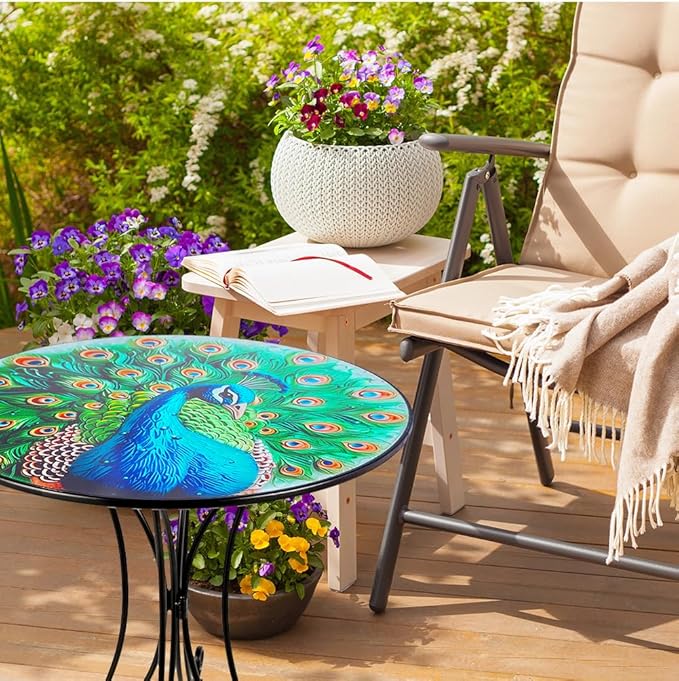 Outdoor Side Table, 18 Inch Metal Accent Table, Peacock Round End Tables - Photo 2