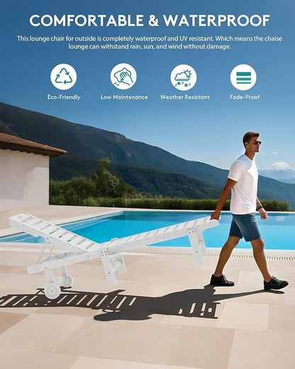 SERWALL Outdoor Chaise Lounge Set of 2, All-Weather HDPE Pool Lounge Chairs with 5-Position Adjustable Backrest, Rolling Wheels & Cup Holder for Poolside, White