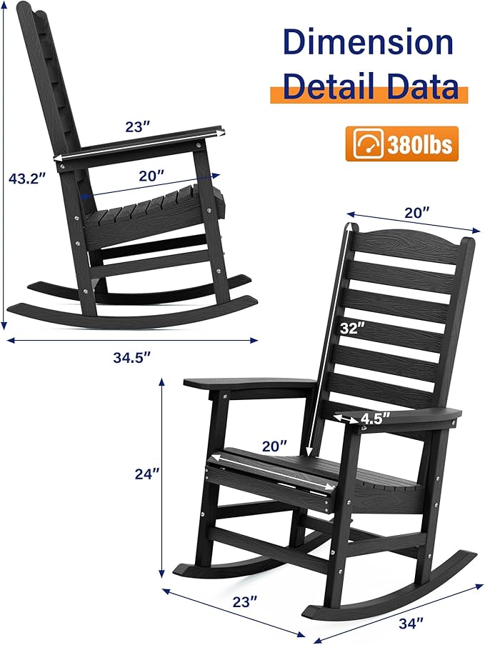 YEFU Outdoor Rocking Chair Set of 4,Poly Porch Rocker with Curved Backrest,All Weather Patio Rocking Chair,Like Real Wood,for Indoor,Lawn, Backyard,Garden,Heavy Duty,Weight Capacity 380lbs(Black)