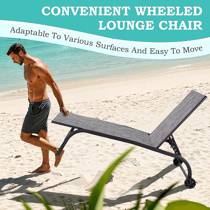 EROMMY Patio Chaise Lounge Chair Set of 2 with Table, Adjustable Backrest & Wheels - Photo 7