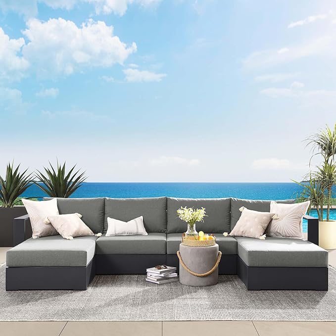 Modway Tahoe Aluminum 4-Piece Outdoor Patio Furniture Gray Charcoal, Modular Sectional Sofa Set with Chaise Lounges - Photo 1